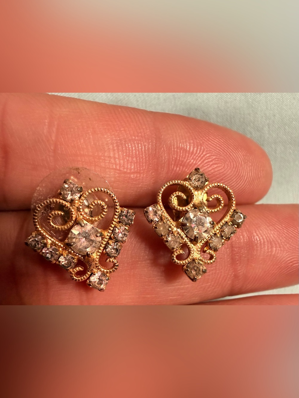 Gold Heart Filigree Earrings with Light Pink Stones